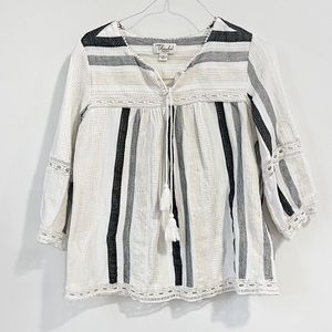 Caffe Marrakech Peasant Boho Striped Eyelet Top